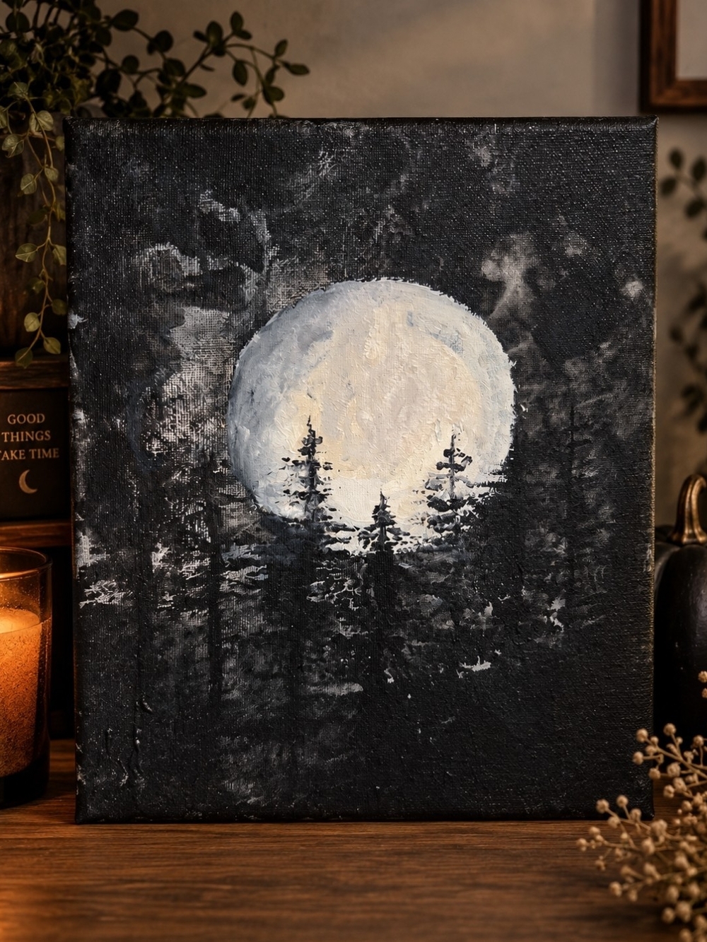 Hand-Painted Moonlit Forest Canvas Wall Art - Black & White